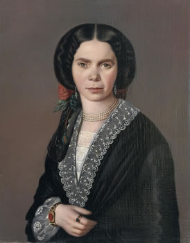 Lady with red flowers in her hair, 1840s